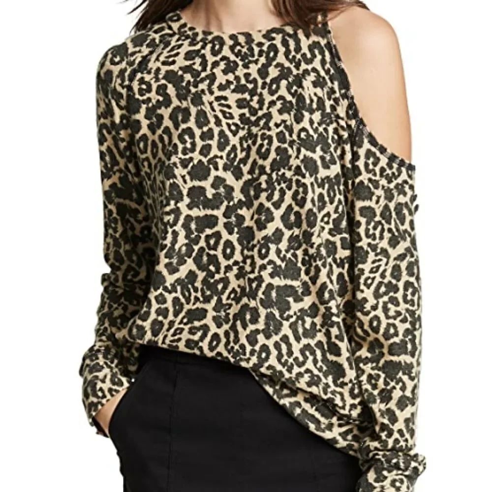 NEW LNA Leopard Cold shoulder Top Shirt size S